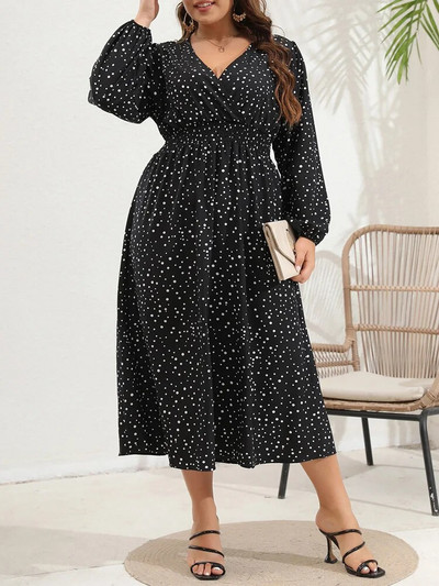 GIBSIE Plus Size täpiline laternaga varrukatega V-kaelusega kleit naiste elegantne kõrge vöökohaga A-joonega lendlevad pikad kleidid kevadsügiseks