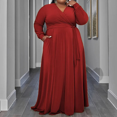 Temperamento vientisos spalvos V formos iškirptė suvarstoma ilgomis rankovėmis rudens laisvalaikio kišenės, laisvos didelio dydžio pakabinama maksi suknelė moterims, drabužiai