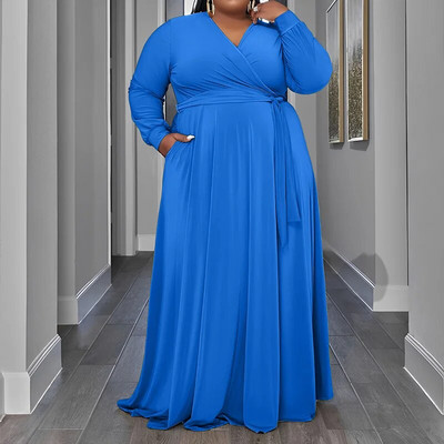 Temperamento vientisos spalvos V formos iškirptė suvarstoma ilgomis rankovėmis rudens laisvalaikio kišenės, laisvos didelio dydžio pakabinama maksi suknelė moterims, drabužiai