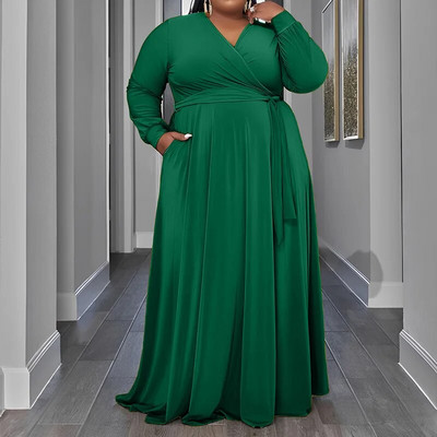 Temperamento vientisos spalvos V formos iškirptė suvarstoma ilgomis rankovėmis rudens laisvalaikio kišenės, laisvos didelio dydžio pakabinama maksi suknelė moterims, drabužiai