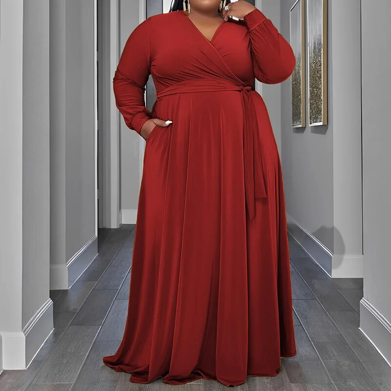 Temperamento vientisos spalvos V formos iškirptė suvarstoma ilgomis rankovėmis rudens laisvalaikio kišenės, laisvos didelio dydžio pakabinama maksi suknelė moterims, drabužiai