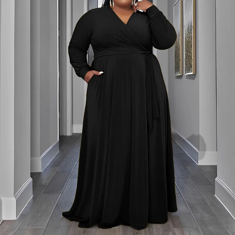 Temperamento vientisos spalvos V formos iškirptė suvarstoma ilgomis rankovėmis rudens laisvalaikio kišenės, laisvos didelio dydžio pakabinama maksi suknelė moterims, drabužiai