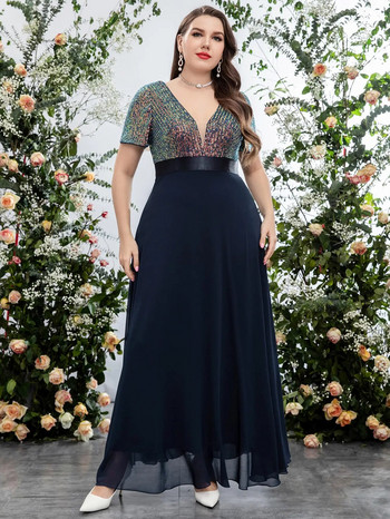 Plus Size 4XL5XLV γιακάς Γυαλιστερό κόκκινο κοντομάνικο πολυτελές βραδινό φόρεμα Νυφικό Κομψό σιφόν σε μέγεθος βραδινά φορέματα