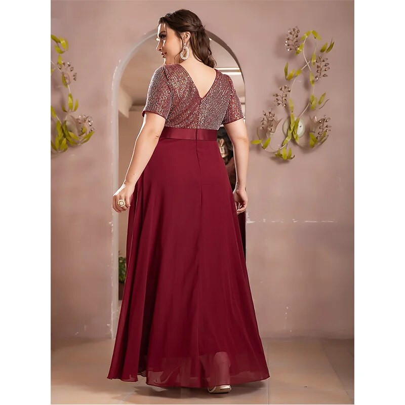 Didelio dydžio 4XL5XLV apykaklė Blizganti raudona trumpomis rankovėmis prabangi vakarinė suknelė Vestuvių vakarėliui Elegantiškos šifono plius dydžio vakarinės suknelės