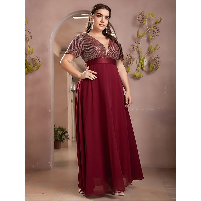 Didelio dydžio 4XL5XLV apykaklė Blizganti raudona trumpomis rankovėmis prabangi vakarinė suknelė Vestuvių vakarėliui Elegantiškos šifono plius dydžio vakarinės suknelės