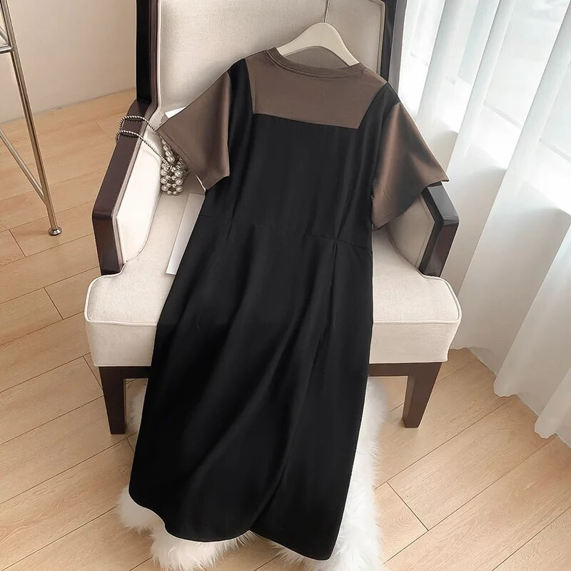 160 kg didelio dydžio moteriška krūtinė 160 Vasarinė laisva su apvaliu kaklu trumpomis rankovėmis netikra dviejų dalių suknelė juoda 6XL 7XL 8XL 9XL 10XL