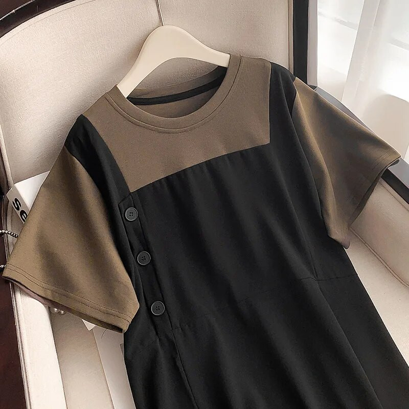 160 kg didelio dydžio moteriška krūtinė 160 Vasarinė laisva su apvaliu kaklu trumpomis rankovėmis netikra dviejų dalių suknelė juoda 6XL 7XL 8XL 9XL 10XL