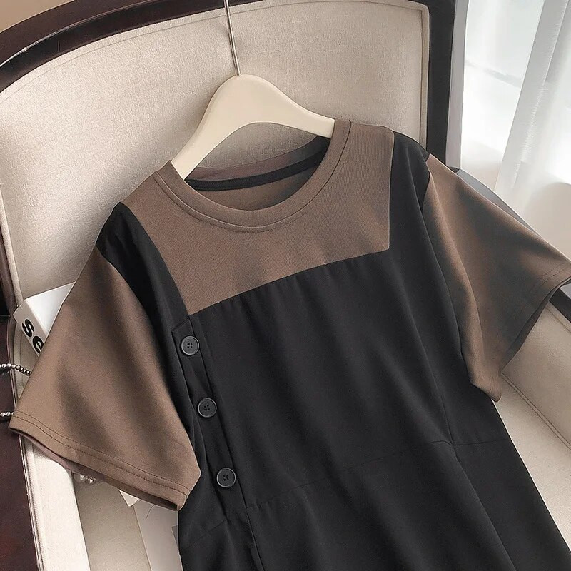 160 kg didelio dydžio moteriška krūtinė 160 Vasarinė laisva su apvaliu kaklu trumpomis rankovėmis netikra dviejų dalių suknelė juoda 6XL 7XL 8XL 9XL 10XL