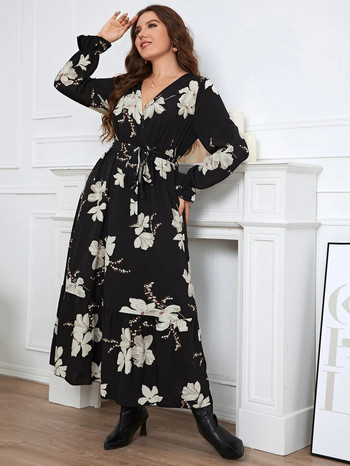 KEBY ZJ Plus Size Γυναικεία Ρούχα Puff Μακρυμάνικο Maxi Φόρεμα Casual Μαύρο εμπριμέ σιφόν Ανοιξιάτικο Φθινόπωρο Lady Κομψό φόρεμα πάρτι