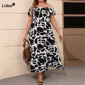 Ljetni, elegantni pulover srednjeg struka s volanima, nepravilna haljina velike veličine, kragna s jednom riječju Patchwork s printom od više elemenata