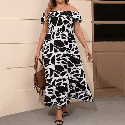 Ljetni, elegantni pulover srednjeg struka s volanima, nepravilna haljina velike veličine, kragna s jednom riječju Patchwork s printom od više elemenata