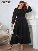 GIBSIE Plus Size Must läbipaistev võrk Bishop Sleeve Maxi kleidid Naiste kevadsügisene O-kaelusega kõrge vöökoht naiste elegantne A-joonega kleit