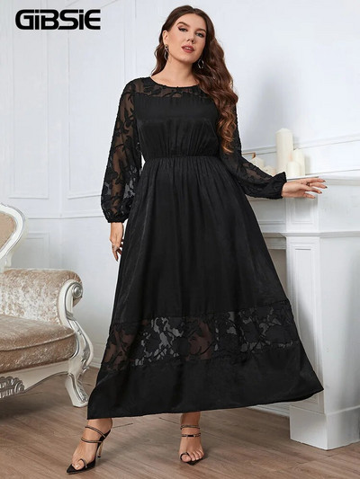 GIBSIE Plus Size Must läbipaistev võrk Bishop Sleeve Maxi kleidid Naiste kevadsügisene O-kaelusega kõrge vöökoht naiste elegantne A-joonega kleit