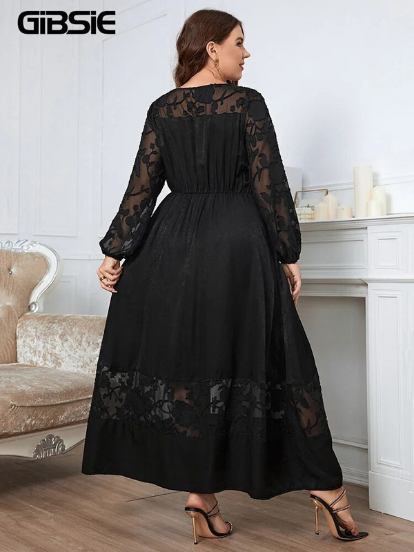 GIBSIE Plus Size Μαύρο διαφανές διχτυωτό Bishop Φορέματα Maxi Γυναικεία Άνοιξη Φθινόπωρο με λαιμόκοψη Γυναικείο κομψό φόρεμα σε γραμμή Α