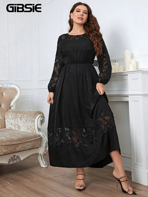 GIBSIE Plus Size Μαύρο διαφανές διχτυωτό Bishop Φορέματα Maxi Γυναικεία Άνοιξη Φθινόπωρο με λαιμόκοψη Γυναικείο κομψό φόρεμα σε γραμμή Α