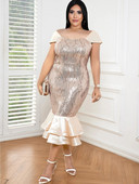 Ženska haljina veće veličine golih ramena, šljokice u boji šampanjca, večernja klupska haljina visoke kvalitete, riblji rep do sredine lista, ljetna haljina