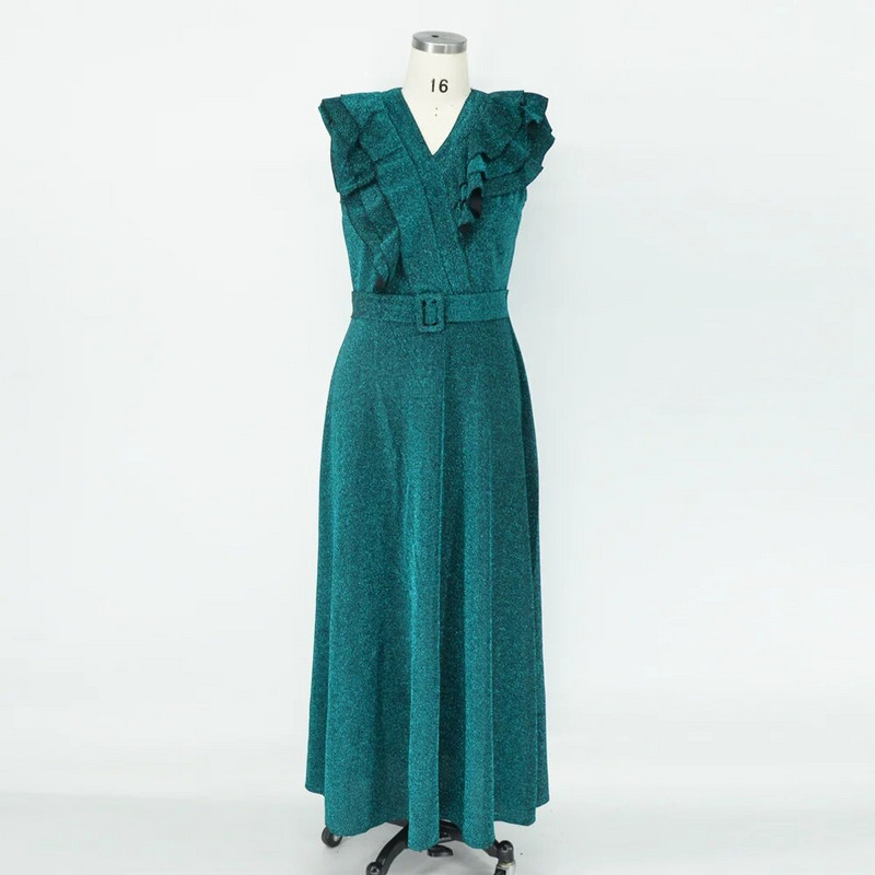 Didelio dydžio didelė moteriška suknelė Žalia Nauja suknelė be rankovių su blizgučiais V formos iškirpte Laisvos mados elegantiškos vakarinės suknelės