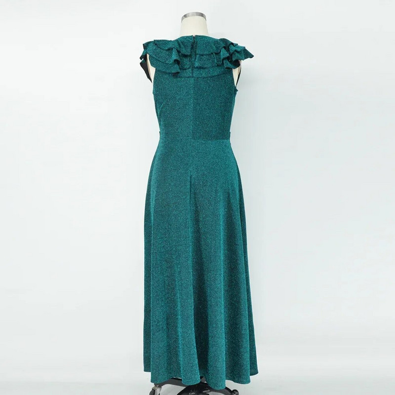 Didelio dydžio didelė moteriška suknelė Žalia Nauja suknelė be rankovių su blizgučiais V formos iškirpte Laisvos mados elegantiškos vakarinės suknelės