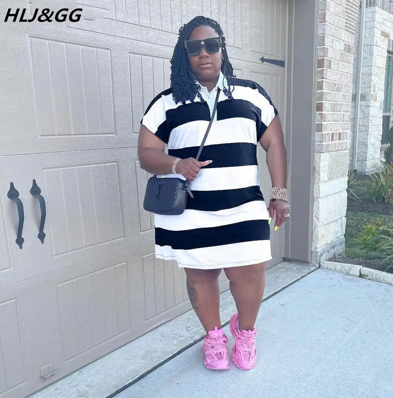 HLJ&GG Fashion Casual Stripe Print Μίνι Φόρεμα Plus Size Γυναικεία ρούχα Γυναικεία φορέματα με κουμπιά Vestidos 2022 Καλοκαίρι Νέο