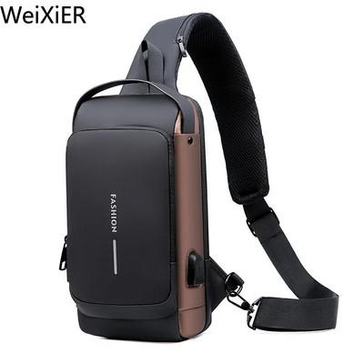 Lopásgátló utazótáska férfi USB töltő mellkastáska csomag Multifunkciós lakkbőr melltáska férfi vízálló férfi kereszttáska