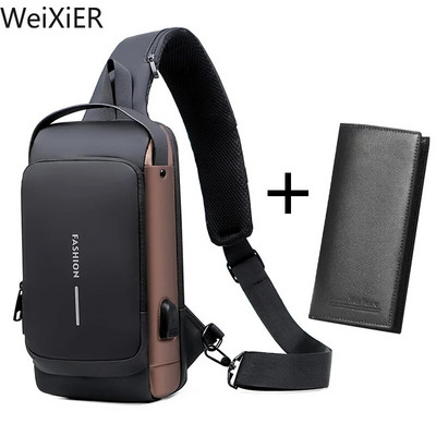 Lopásgátló utazótáska férfi USB töltő mellkastáska csomag Multifunkciós lakkbőr melltáska férfi vízálló férfi kereszttáska
