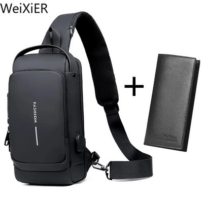 Lopásgátló utazótáska férfi USB töltő mellkastáska csomag Multifunkciós lakkbőr melltáska férfi vízálló férfi kereszttáska