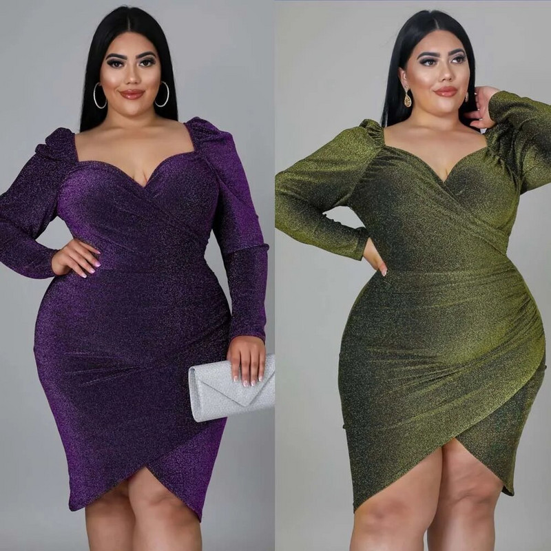 Didelio dydžio mini suknelė purpurinė blizganti blizganti seksuali moteriška ilgomis rankovėmis pavasario vasara asimetriška naktinio klubo vakarėlio suknelės dideli dydžiai