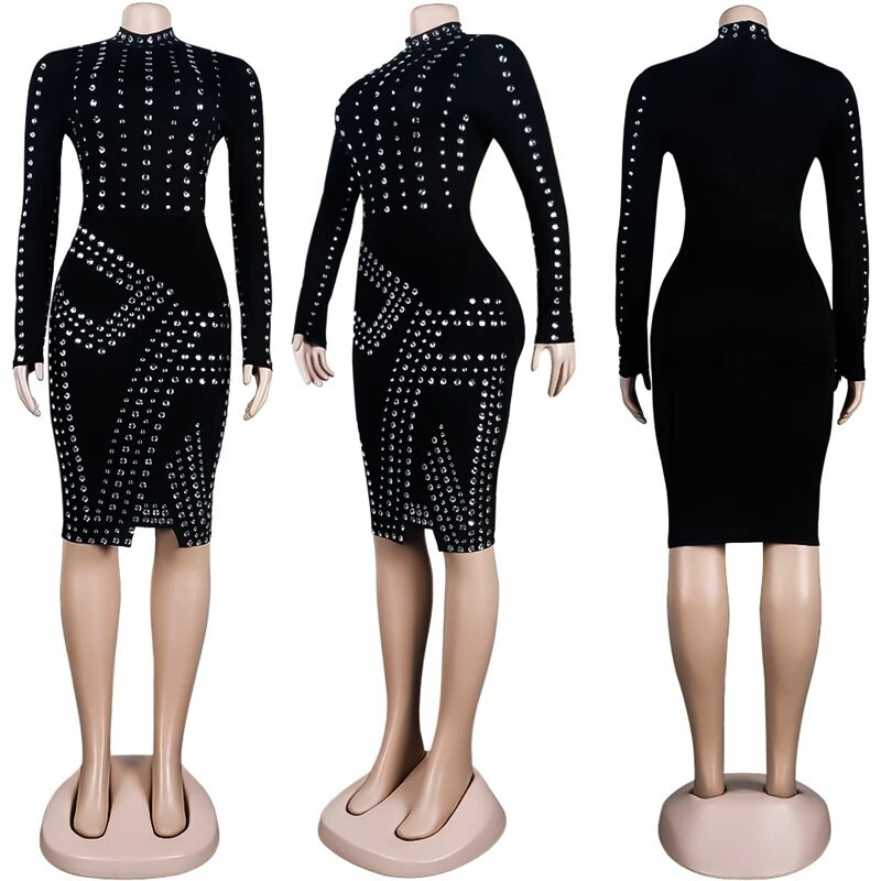 Seksuali juoda vakarėliui skirta suknelė moterims Naujųjų metų elegantiška vakarinė Bodycon suknelė ilgomis rankovėmis blizgančiomis krištolo karoliukais papuošta klubo gimtadienio suknelė