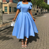 Γυναικείο φόρεμα Plus Size Καλοκαιρινό μονόχρωμο τετράγωνο γιακά φουσκωτό κοντομάνικο φερμουάρ Ψηλόμεση Κομψό βασικό Midi φόρεμα με μεγάλο στρίφωμα