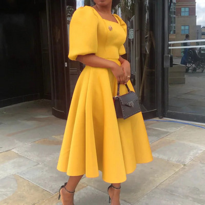 Γυναικείο φόρεμα Plus Size Καλοκαιρινό μονόχρωμο τετράγωνο γιακά φουσκωτό κοντομάνικο φερμουάρ Ψηλόμεση Κομψό βασικό Midi φόρεμα με μεγάλο στρίφωμα