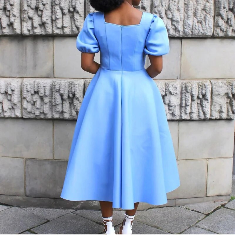 Γυναικείο φόρεμα Plus Size Καλοκαιρινό μονόχρωμο τετράγωνο γιακά φουσκωτό κοντομάνικο φερμουάρ Ψηλόμεση Κομψό βασικό Midi φόρεμα με μεγάλο στρίφωμα