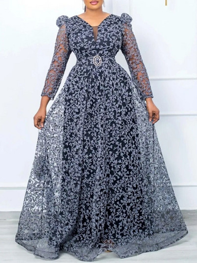 Φορέματα LW Plus Size Print See Through A Line Φόρεμα Κομψό φόρεμα για πάρτι Φθινοπωρινό μακρυμάνικο maxi φόρεμα σέξι βραδινό φόρεμα vestido