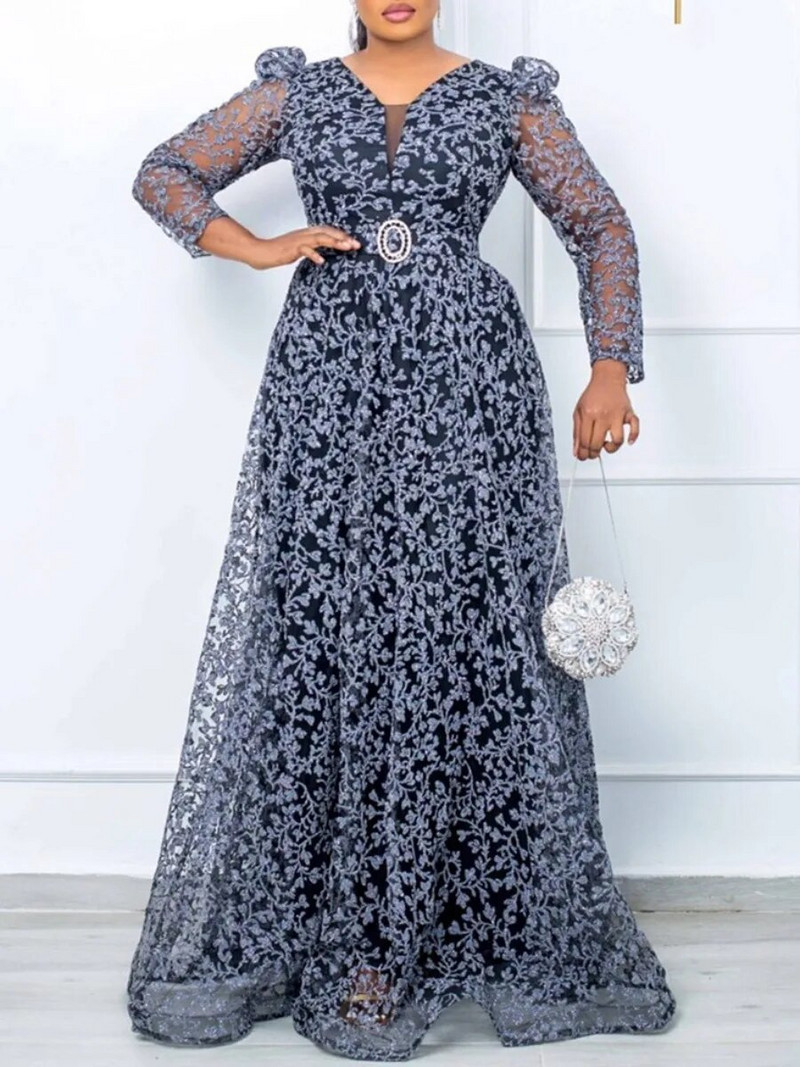 Φορέματα LW Plus Size Print See Through A Line Φόρεμα Κομψό φόρεμα για πάρτι Φθινοπωρινό μακρυμάνικο maxi φόρεμα σέξι βραδινό φόρεμα vestido