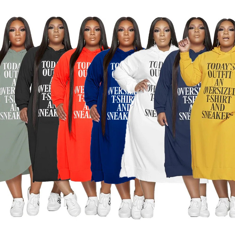 5XL suures suuruses naiste riided lahtised Midi-kirjaga seelik trükitud naiste kapuutsiga kleit, mood vabaaja 7 värvi valikuline ülemõõduline