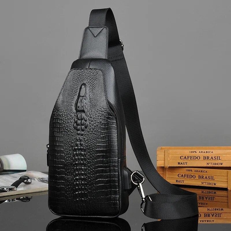 Luxus márka Férfi bőr melltáska Alligator Messenger Bag USB töltő Crossbody táska Férfi mellkasi csomag Krokodil mintás hevedertáska