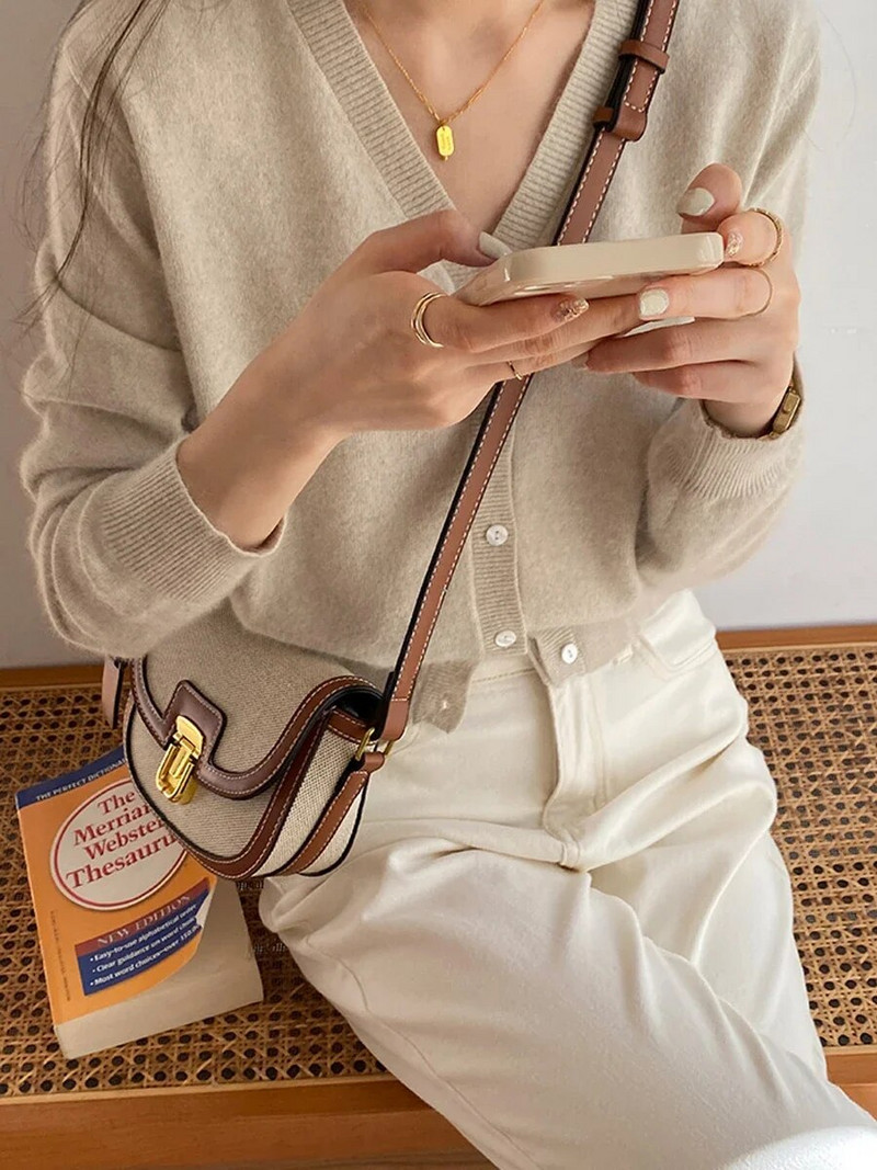 2023 m. naujas mažo stiliaus kontrastinio skydelio drobinis retro vieno peties skersinis balno krepšys