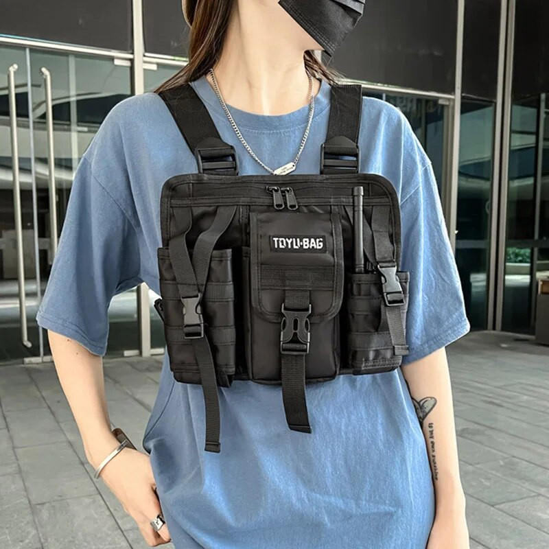 Unisex rinnakott Funktsionaalne taktikaline rinnakott Mood Bullet Hip Hop Vest Tänavarõivaste kotid vöökomplekt Naiste must rinnakorv