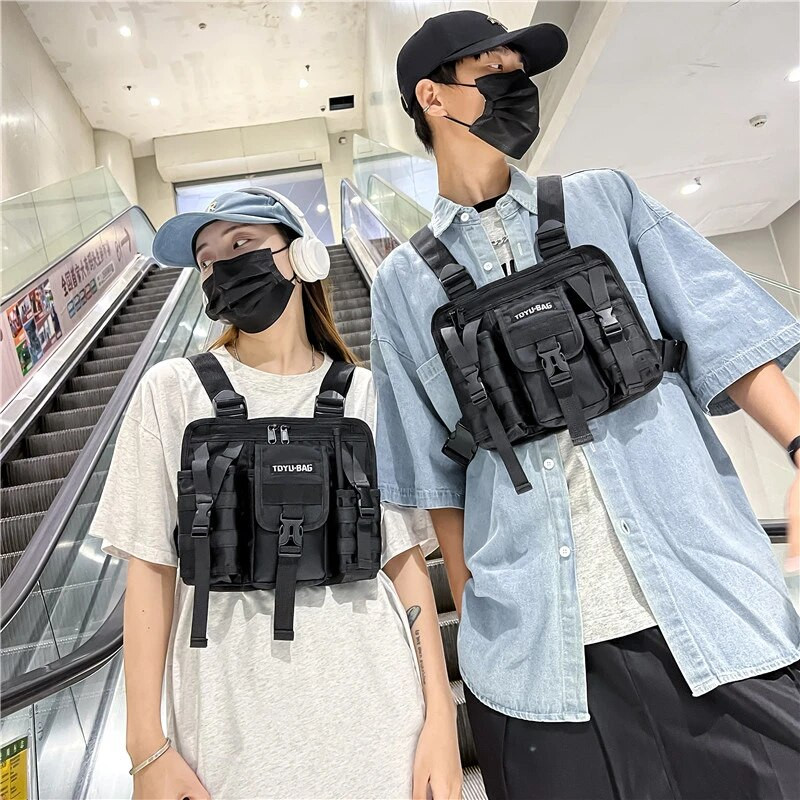 Unisex rinnakott Funktsionaalne taktikaline rinnakott Mood Bullet Hip Hop Vest Tänavarõivaste kotid vöökomplekt Naiste must rinnakorv