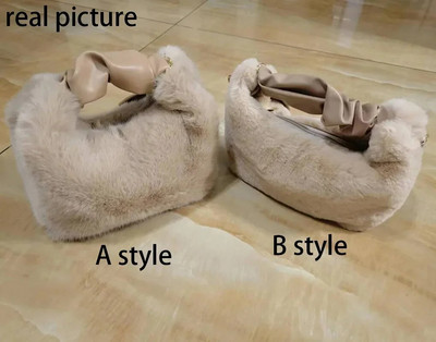 Moteriškos dirbtinio kailio pliušinės rankinės, raugintos rankenos, mažos moteriškos peties krepšys, laisvalaikio rankinė Pusmėnulis Hobos Žiema