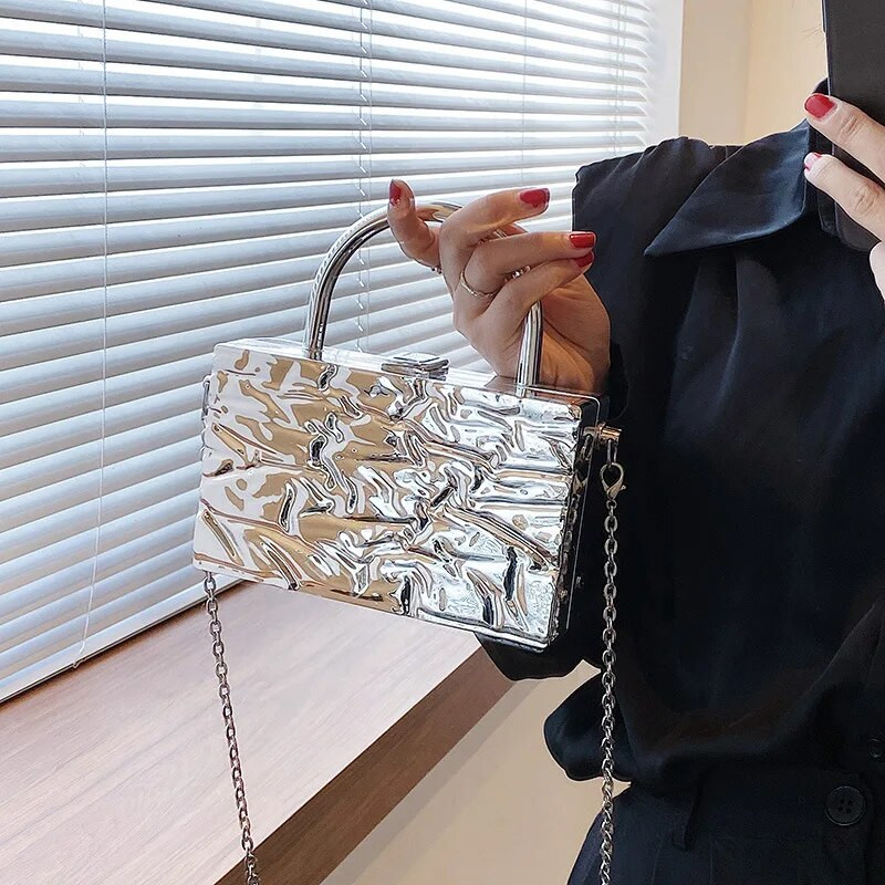 Metalinės dėžutės pečių krepšys Trend 2023 dizainerio rankinė Moteriška mada Chic Point vakarėlis sankabos krepšys Naujiena sidabrinė grandinėlė Crossbody Bag