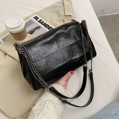 Šujamie diegi Vintage Fashion Sieviešu plecu somas Metāla ķēdes siksniņa Crossbody Bag Mīksta PU āda Sieviete Shopper Traveling Bolso