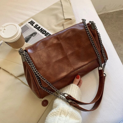 Šujamie diegi Vintage Fashion Sieviešu plecu somas Metāla ķēdes siksniņa Crossbody Bag Mīksta PU āda Sieviete Shopper Traveling Bolso