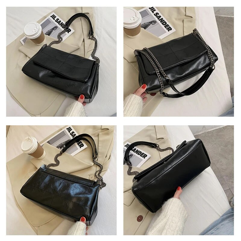 Šujamie diegi Vintage Fashion Sieviešu plecu somas Metāla ķēdes siksniņa Crossbody Bag Mīksta PU āda Sieviete Shopper Traveling Bolso