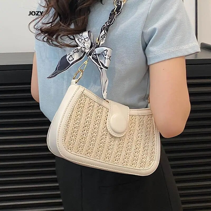 Nauji vasaros laisvalaikio šiaudų pynimo prabangūs dizainerių maži krepšiai ant pečių, 2023 m. madingi, universalūs kelioniniai skersiniai krepšiai moterims, piniginė