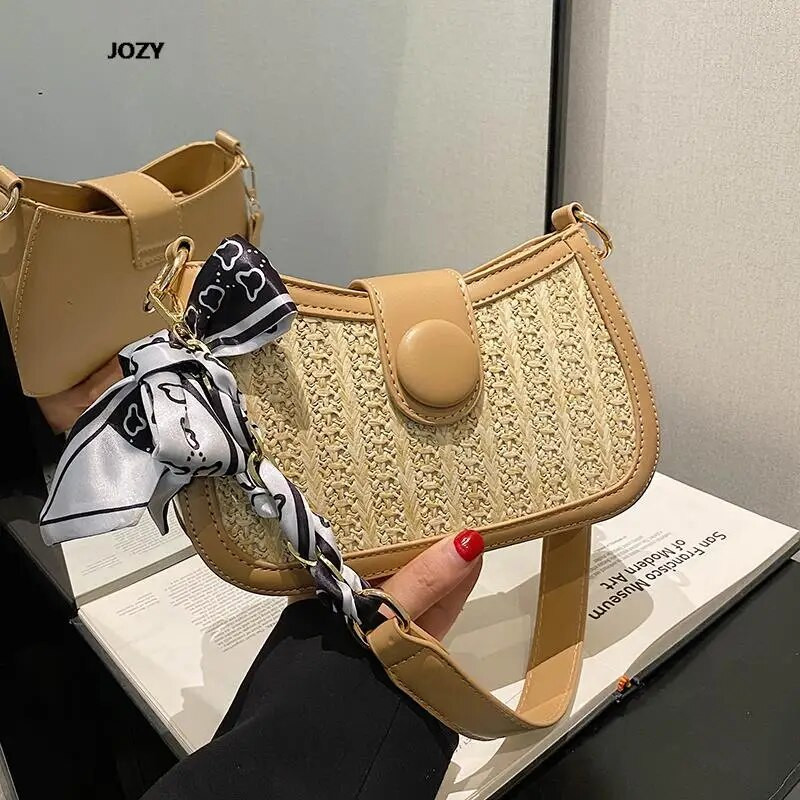 Nauji vasaros laisvalaikio šiaudų pynimo prabangūs dizainerių maži krepšiai ant pečių, 2023 m. madingi, universalūs kelioniniai skersiniai krepšiai moterims, piniginė