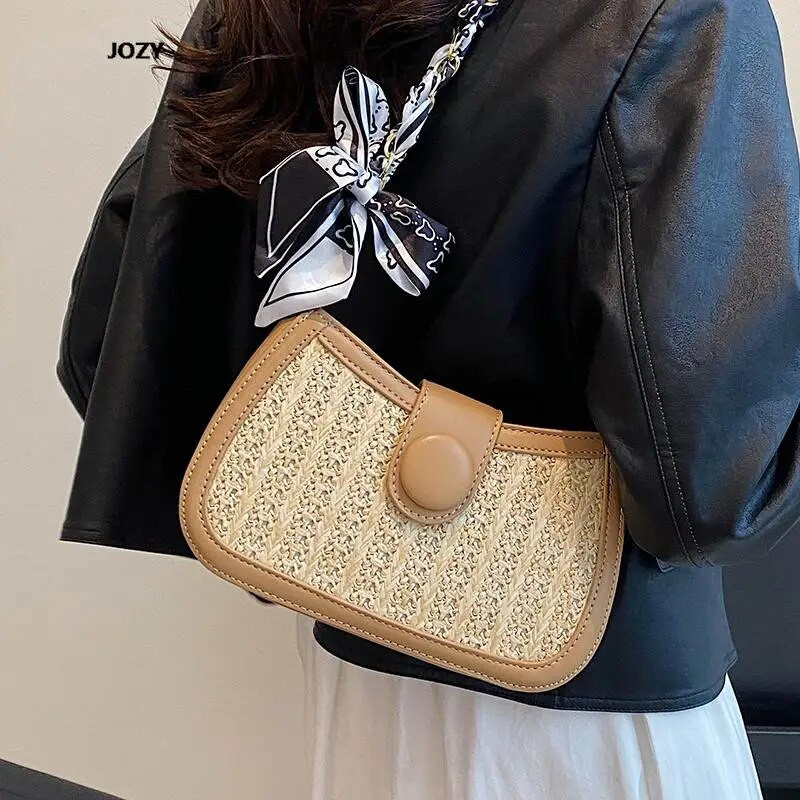 Nauji vasaros laisvalaikio šiaudų pynimo prabangūs dizainerių maži krepšiai ant pečių, 2023 m. madingi, universalūs kelioniniai skersiniai krepšiai moterims, piniginė