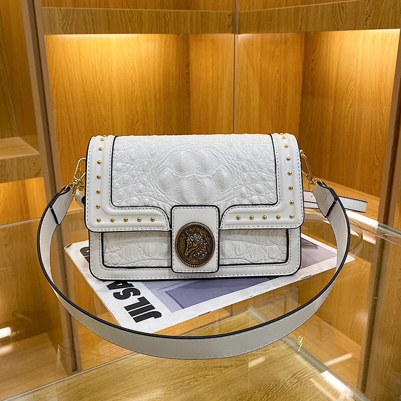 Moteriškas, kvadratinis aligatoriaus odinis pečių krepšys, prabangus dizainerio prekės ženklo Crossbody krepšys moteriškas, dygliuotas dekoratyvinis pečių dirželis