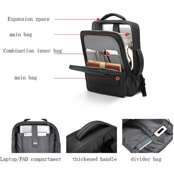 Επεκτάσιμα ανδρικά αδιάβροχα σακίδια πλάτης 15,6 ιντσών για φορητό υπολογιστή USB Σχολική τσάντα αθλητική ταξιδιωτική σχολική τσάντα Σακίδιο πλάτης για άνδρες