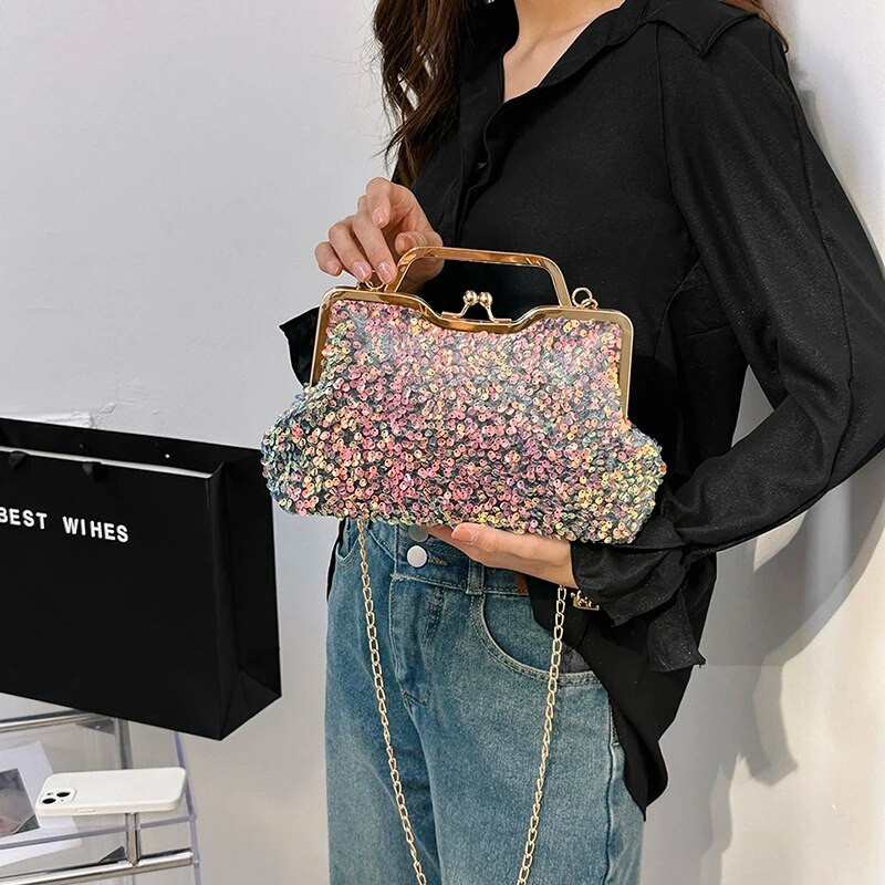 LEFTSIDE Sequin Crossbody Krepšiai moterims 2023 Prabangios dizainerių mados vakarėlio rankinės Trend Chain Cluth