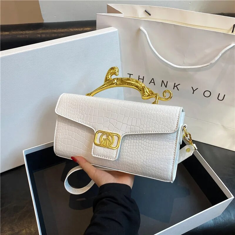 Prabangios kokybiškos rankinės moterims lakinės odos krokodilo akmens raštais moteriškos pečių kryžminės rankinės, moteriškos metalinės rankenos